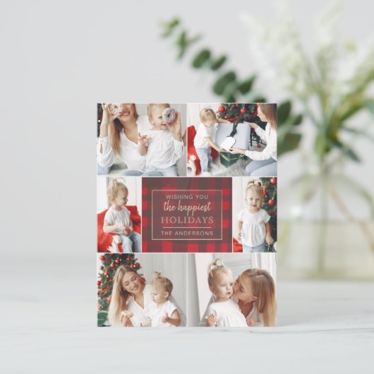 Budget Red Pset Six PhotoCollage Holiday Card (Staand voorkant)