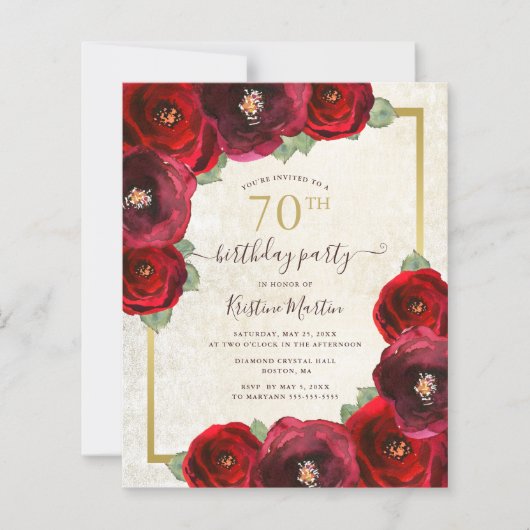 Budget Red Rose Floral 70th Birthday Party Invite (Voorkant)