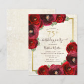 Budget Red Rose Floral 75th Birthday Party Invite (Voorkant / Achterkant)