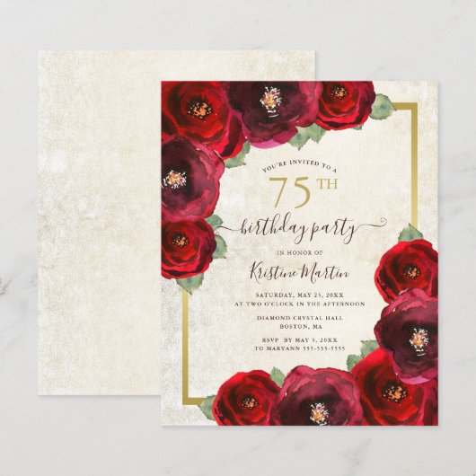 Budget Red Rose Floral 75th Birthday Party Invite (Voorkant / Achterkant)