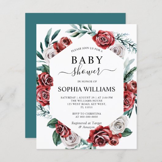 Budget Red Rose & Green Baby shower Invitation (Voorkant / Achterkant)