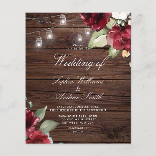 Budget Red Rose Rustic Wood Wedding Uitnodiging (Voorkant)