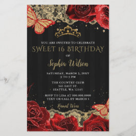 Budget Red Roses Black Gold Sweet 16 Uitnodiging