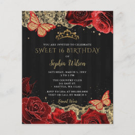 Budget Red Roses Black Gold Sweet 16 Uitnodiging