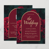 BUDGET Red Roses ForestGreen Winter Wedding INVITE (Voorkant / Achterkant)