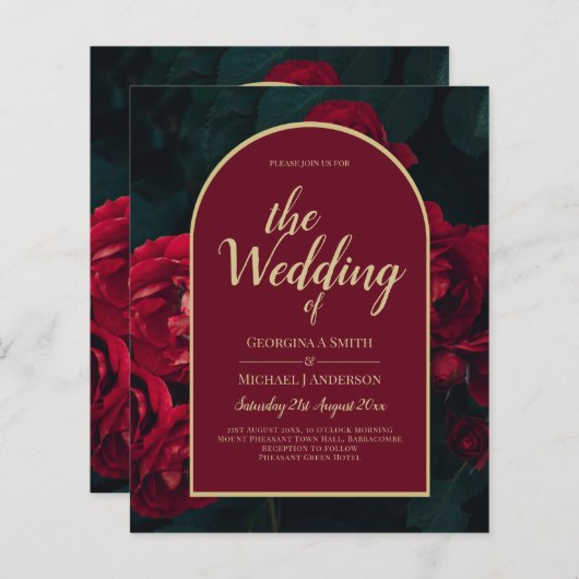 BUDGET Red Roses ForestGreen Winter Wedding INVITE (Voorkant / Achterkant)
