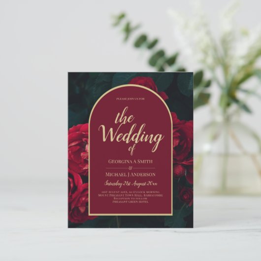 BUDGET Red Roses ForestGreen Winter Wedding INVITE (Staand voorkant)
