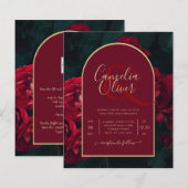 BUDGET Red Roses ForestGreen Winter Wedding INVITE (Voorkant / Achterkant)
