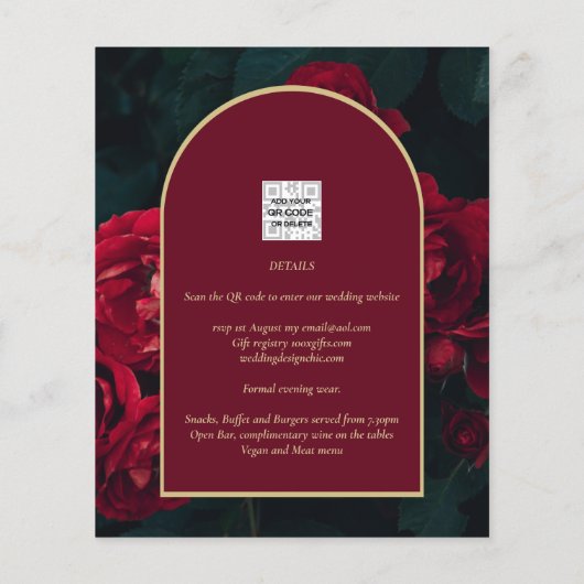 BUDGET Red Roses ForestGreen Winter Wedding INVITE (Achterkant)