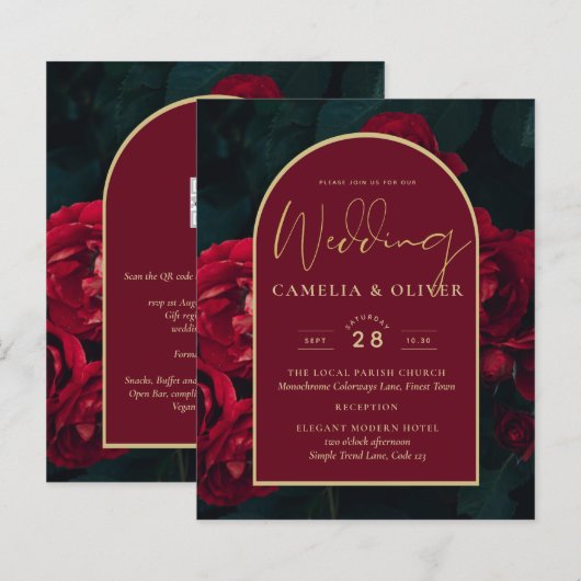 BUDGET Red Roses ForestGreen Winter Wedding INVITE (Voorkant / Achterkant)
