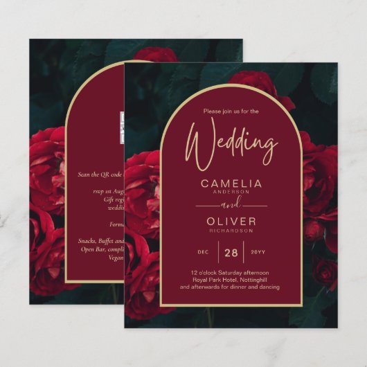 BUDGET Red Roses ForestGreen Winter Wedding INVITE (Voorkant / Achterkant)