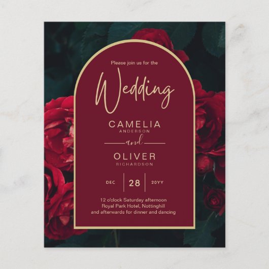 BUDGET Red Roses ForestGreen Winter Wedding INVITE (Voorkant)