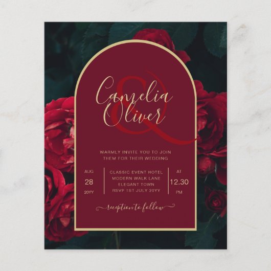 BUDGET Red Roses ForestGreen Winter Wedding INVITE Flyer (Voorkant)
