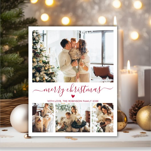 Budget Red Script 4 Photo Collage Christmas Kaart