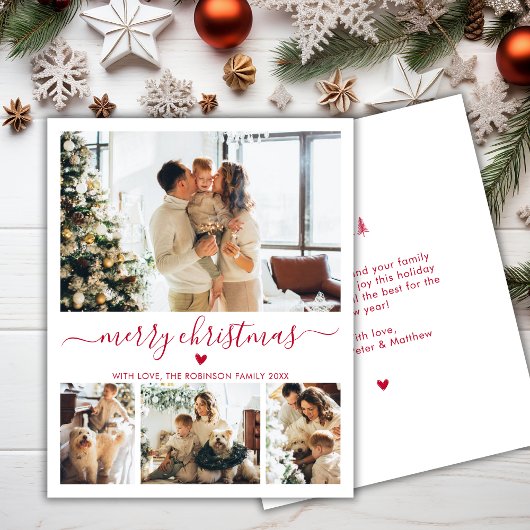 Budget Red Script 4 Photo Collage Christmas Kaart