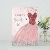 Budget Red Silver Dress Sweet 16 Uitnodiging (Staand voorkant)
