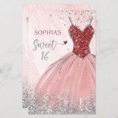 Budget Red Silver Dress Sweet 16 Uitnodiging (Voorkant / Achterkant)