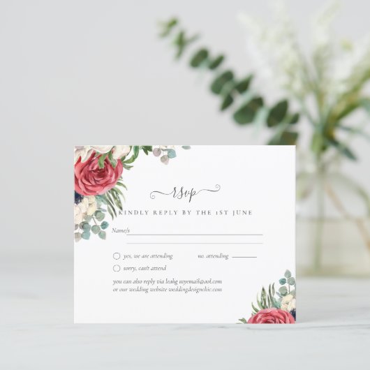 Budget Red White Blue Floral Wedding RSVP (Staand voorkant)