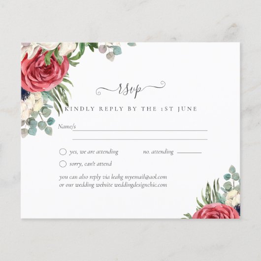 Budget Red White Blue Floral Wedding RSVP (Voorkant)