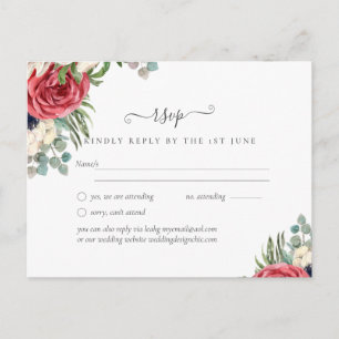 Budget Red White Blue Floral Wedding RSVP Briefkaart
