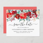Budget Red Winter Botanical Floral Save the Date (Voorkant / Achterkant)
