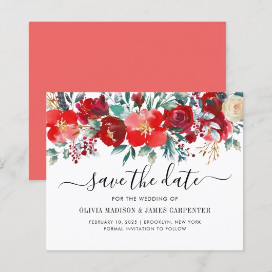 Budget Red Winter Botanical Floral Save the Date (Voorkant / Achterkant)
