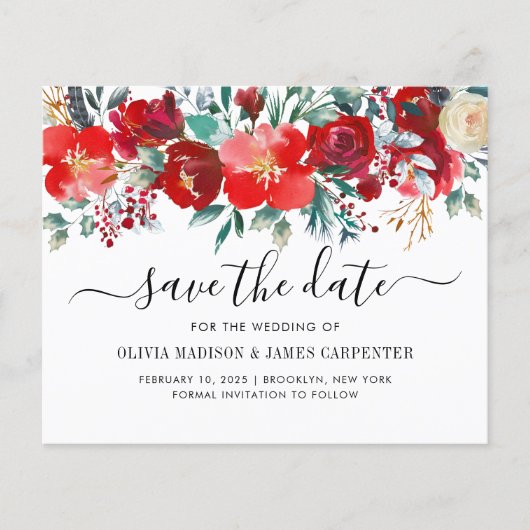 Budget Red Winter Botanical Floral Save the Date (Voorkant)