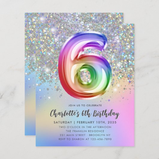 Budget regenbooglitter Folie ballon 6e verjaardag (Voorkant / Achterkant)