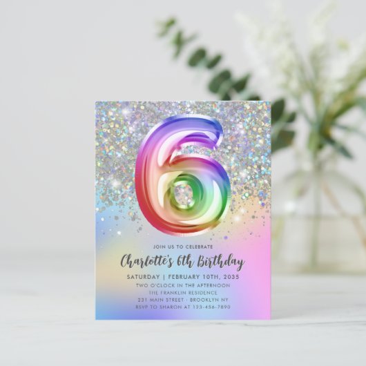 Budget regenbooglitter Folie ballon 6e verjaardag (Staand voorkant)