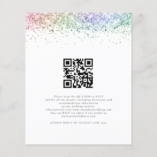 Budget regenbooglitter QR Code Weddenschap Uitnodi (Achterkant)