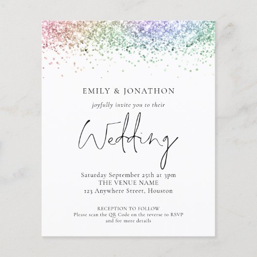 Budget regenbooglitter QR Code Weddenschap Uitnodi (Voorkant)
