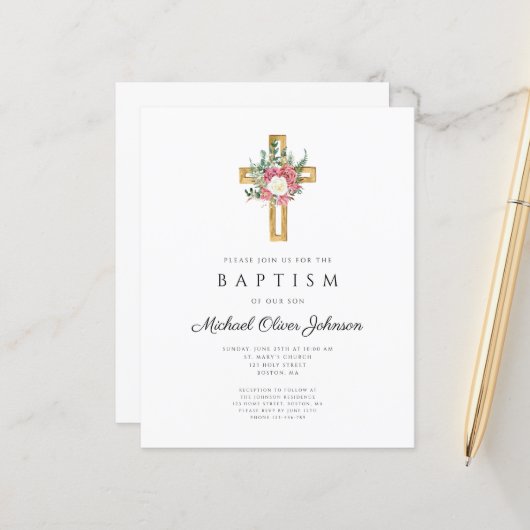 Budget Religieus Kruis Roze Bloemend Baptism (Voorkant / Achterkant in situ)