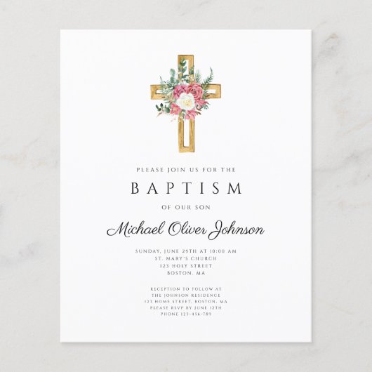 Budget Religieus Kruis Roze Bloemend Doopfeest (Voorkant)