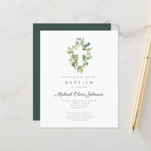 Budget Religieuze Botanische Baptisme Uitnodiging (Voorkant / Achterkant in situ)