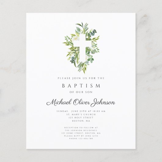 Budget Religieuze Botanische Baptisme Uitnodiging (Voorkant)