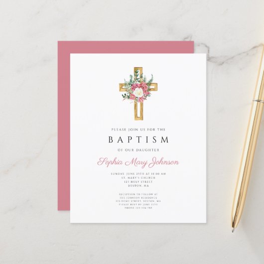 Budget Religieuze Cross-Roze Floral Girl Baptisme (Voorkant / Achterkant in situ)