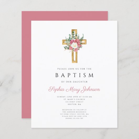 Budget Religieuze Cross-Roze Floral Girl Baptisme (Voorkant / Achterkant)