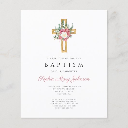 Budget Religieuze Cross-Roze Floral Girl Baptisme (Voorkant)