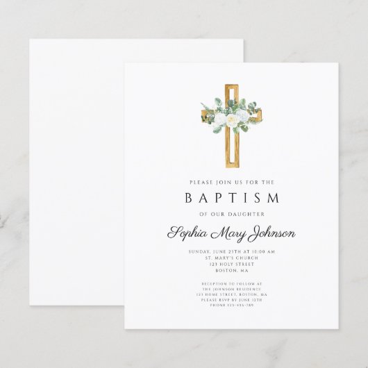Budget Religieuze Kruis Witte Floral Baptism Invit (Voorkant / Achterkant)