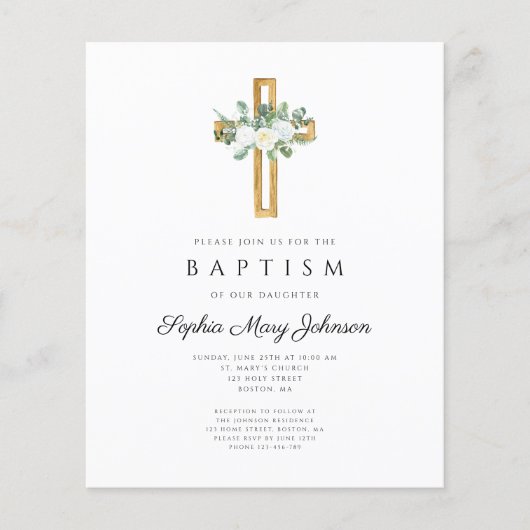 Budget Religieuze Kruis Witte Floral Baptism Invit (Voorkant)