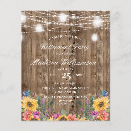 Budget Retirement Party Barn Wood & Sunflower (Voorkant)
