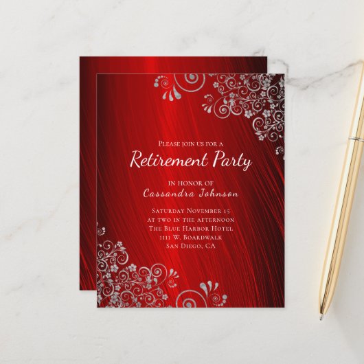 Budget Retirement Party Ruby Red Invitation (Voorkant / Achterkant in situ)
