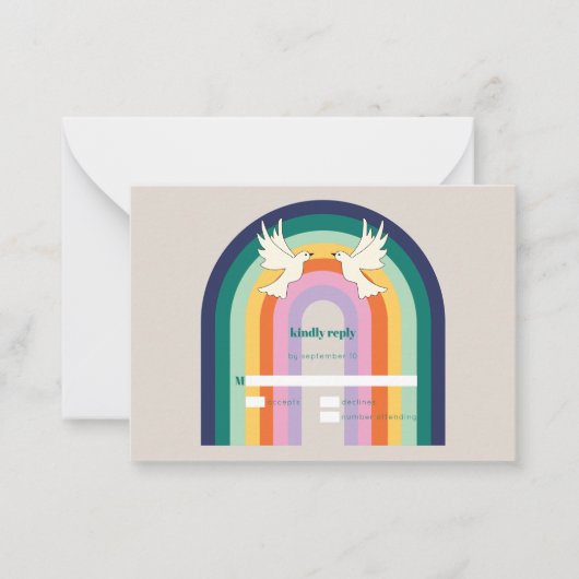 Budget Retro 70s Arch Rainbow RSVP-kaart Notitiekaartje (Voorkant)