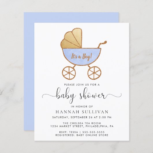 Budget Retro Blue Carriage Baby Boy Shower Invite (Voorkant / Achterkant)