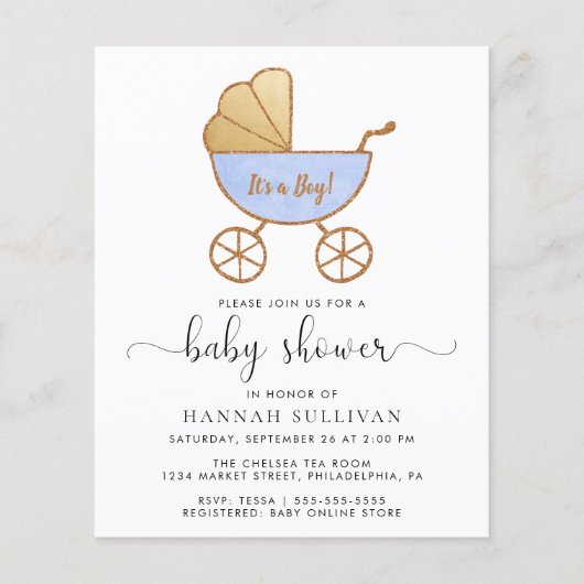 Budget Retro Blue Carriage Baby Boy Shower Invite (Voorkant)