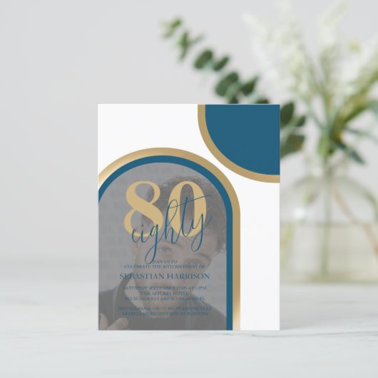 Budget Retro Blue en Gold Photo Birthday (Staand voorkant)