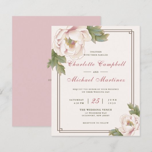 Budget Retro Blush Peony Bloemen Huwelijksuitnodig (Voorkant / Achterkant)