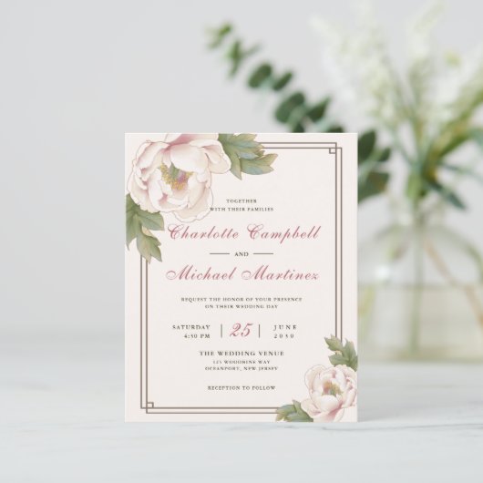 Budget Retro Blush Pioen Roze Bloemen Trouw Uitnod (Staand voorkant)