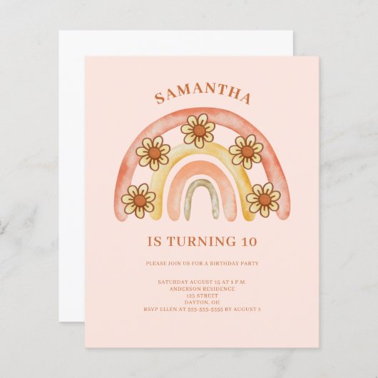 Budget Retro Boho Regenboog 10e Verjaardag Uitnodi (Voorkant / Achterkant)