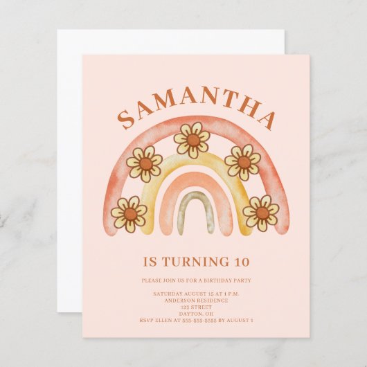 Budget Retro Boho Regenboog 10e Verjaardag Uitnodi (Voorkant / Achterkant)